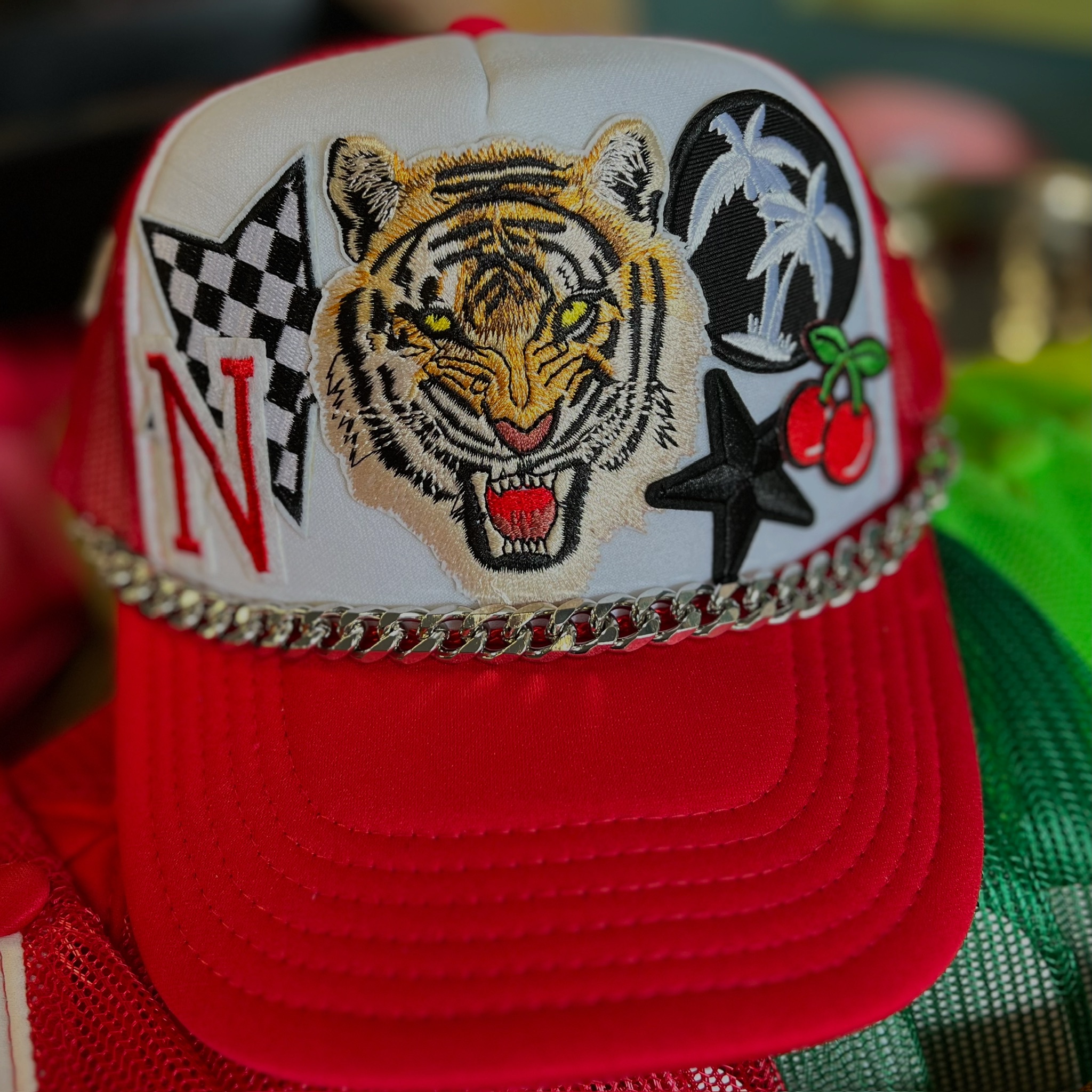 Custom trucker hat at sunset