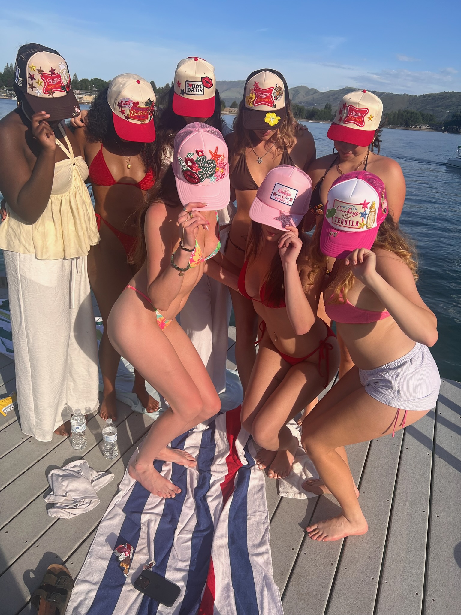 Colorful custom trucker hats on display
